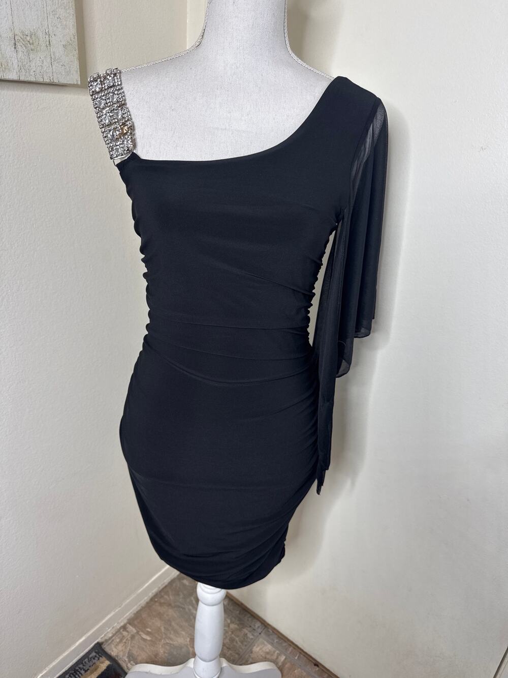 VTG Y2K Deb Black One-Shoulder Ruched Mini Dress -Rhinestone Strap& Sheer Sleeve